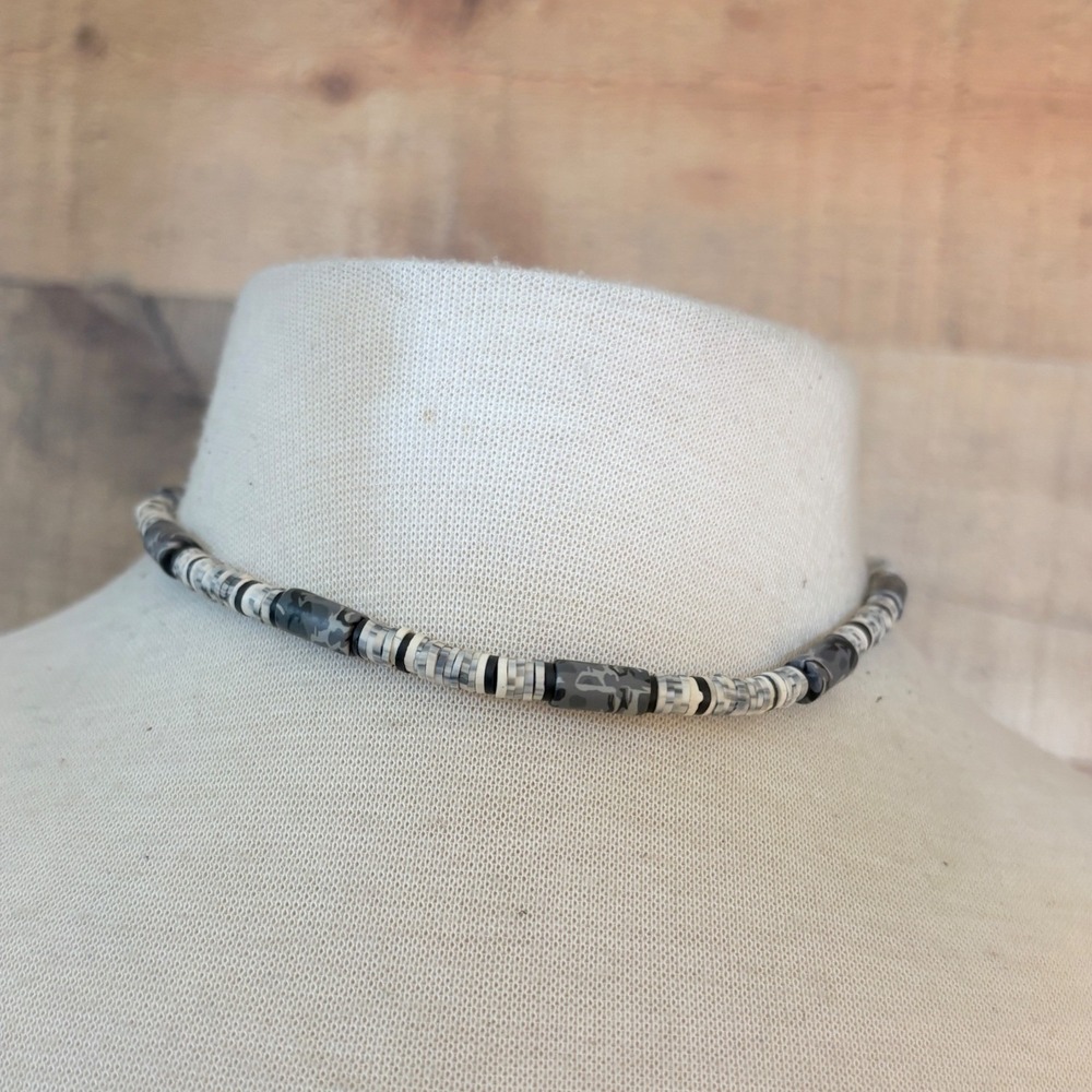 Monochrome Camo Heishi Bead Choker Necklace Black White Grey Surfer Style 17in